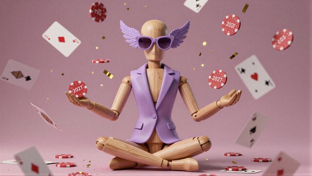 Wooden figure meditates amid flying poker chips and cards, wings and sunglasses.