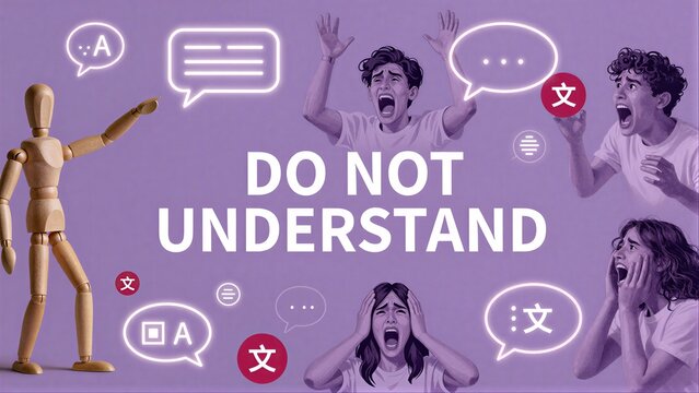 Wooden figure stands beside confused people, surrounded by speech bubbles and "DO NOT UNDERSTAND" text.