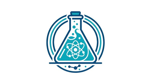 Laboratory flask logo icon. Science research symbol with atom structure.