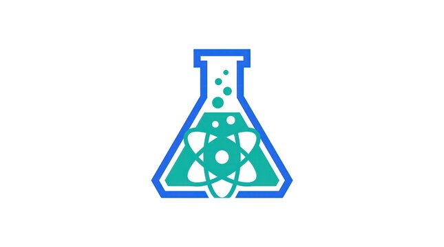 Laboratory flask icon with atom symbol. Scientific research logo for chemistry and physics.