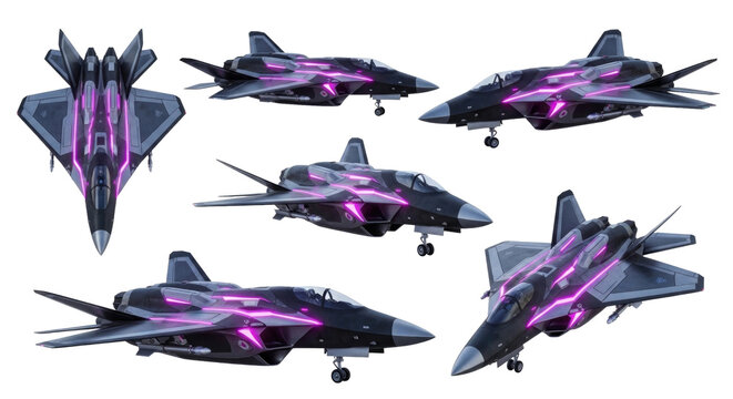 Futuristic stealth fighter jets in various angles. Advanced military aircraft Cutout PNG