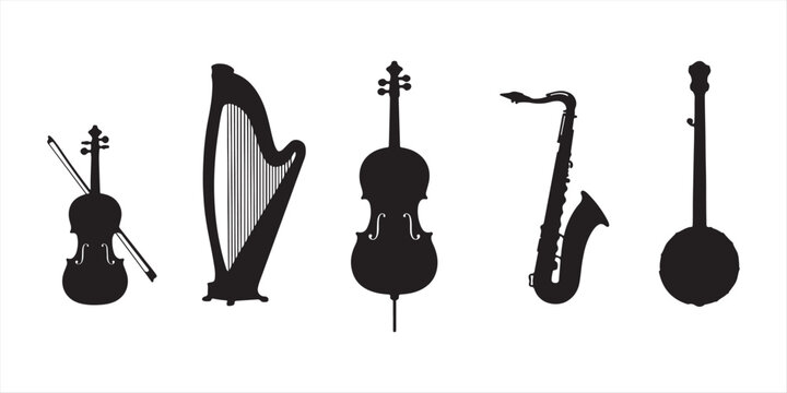 musical instruments collection with violin harp cello saxophone and banjo black silhouettes