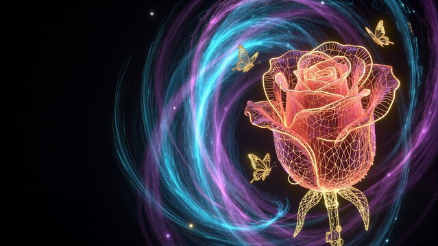 A glowing rose with butterflies floats in swirling neon colors against a dark background.