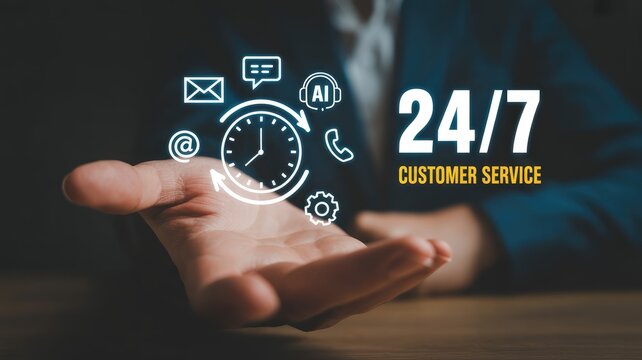 Professional hand holding digital icons representing 247 customer service availability with holding futuristic communication phone symbols emphasizing emphasizing round clock