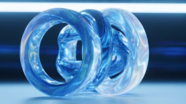 Three iridescent blue torus shapes interlocked in a blue abstract setting