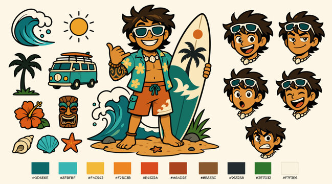 Cartoon Surfer Boy with Tropical Beach Elements.