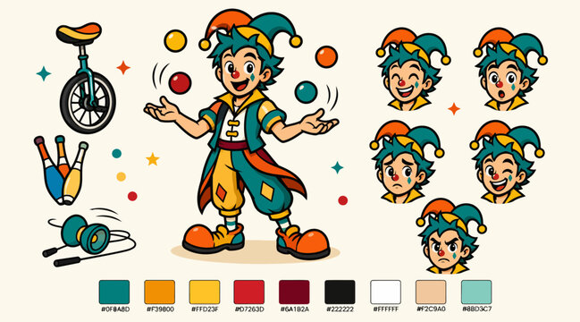 Colorful Jester Juggling Bright Balls and Performing Tricks.