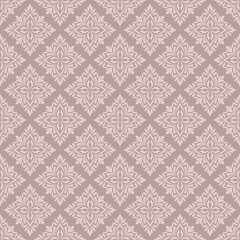 Fototapeta premium Luxury dusty rose damask seamless pattern background with ornate floral lattice, vector for vintage damask wallpaper, wedding invitation backdrop, and elegant textile design.
