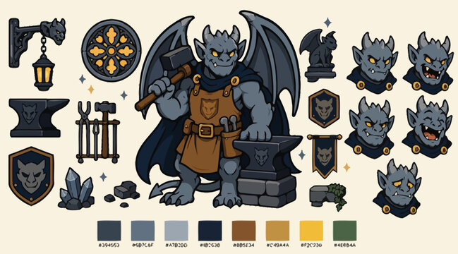 Fantasy Gargoyle Blacksmith Character Design Collection.