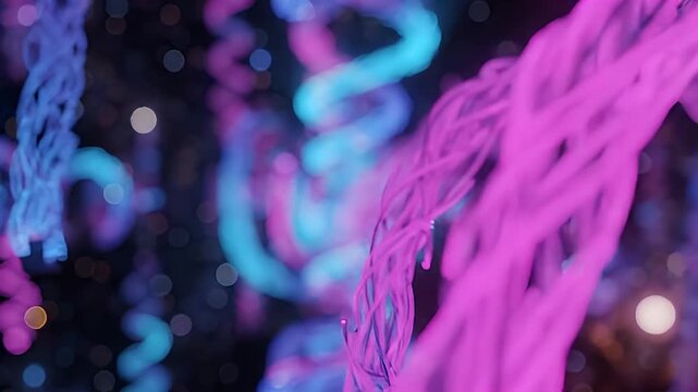 Twisted strands of pink and blue light spiral against a dark bokeh background