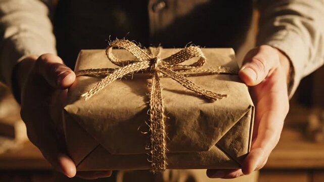 Close-up of a man holding a rustic gift wrapped in brown paper with twine for a special occasion