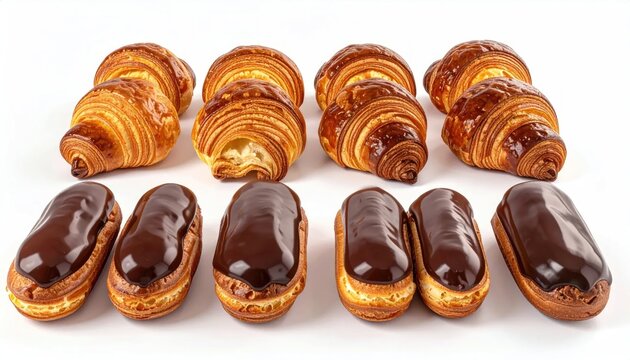 Chocolate filled eclairs and croissants.