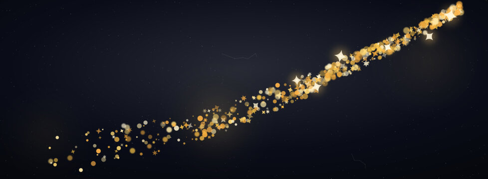 Golden glitter trail on dark background, sparkling gold dust particles in diagonal motion, luxury shimmering light effect vector for celebration