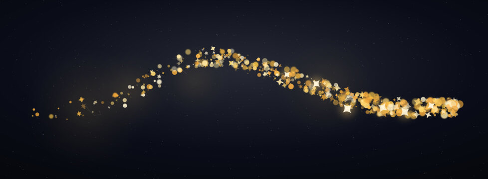Golden glitter wave on black background, sparkling gold dust trail vector, shimmering metallic particles for luxury celebration and holiday design