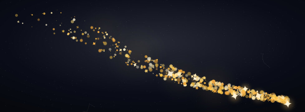 Golden glitter trail on black background, shimmering gold dust particles in a curved wave, luxury sparkling stardust vector for festive celebration