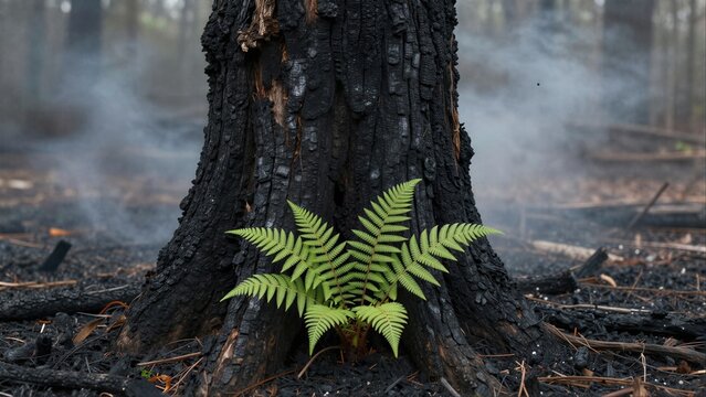 New fern sprouts from charred tree, smoke rising in post-fire forest.
