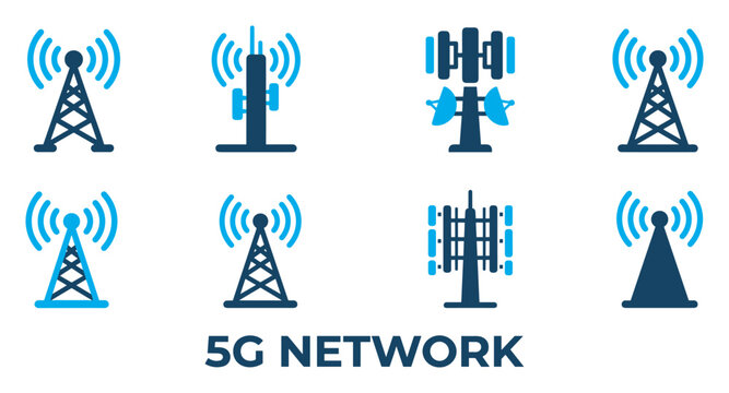 5G network cell tower antennas and wireless communication icons.