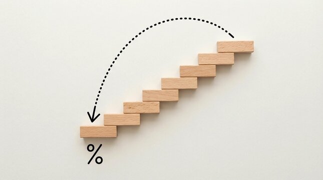 Wooden blocks arranged in a staircase pattern showing a downward trend with a percentage symbol indicating decreasing financial interest rates on a clean white background surface.
