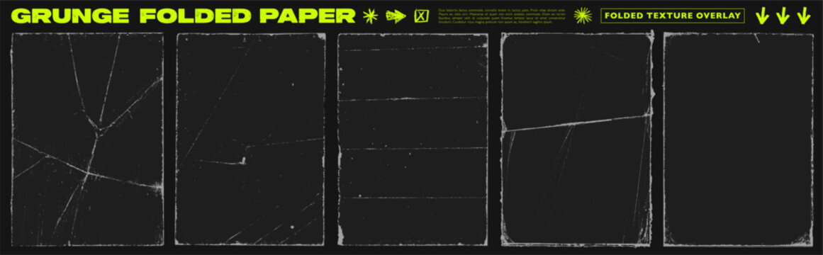 Scratched grunge folded old paper overlay texture with torn edges for retro and punk posters. Hand drawn vector distressed aged retro template with wrinkles and fold texture. Crease effect borders.