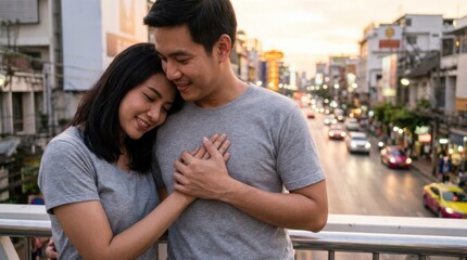 Fototapeta premium Young Couple Sharing Emotional Moment on Bridge Overlooking City Streets at Sunset