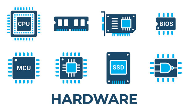 Computer hardware icons for CPU, RAM, SSD, BIOS and MCU chips.