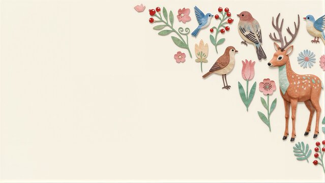 Pastel woodland creatures and flowers arranged in a corner design.