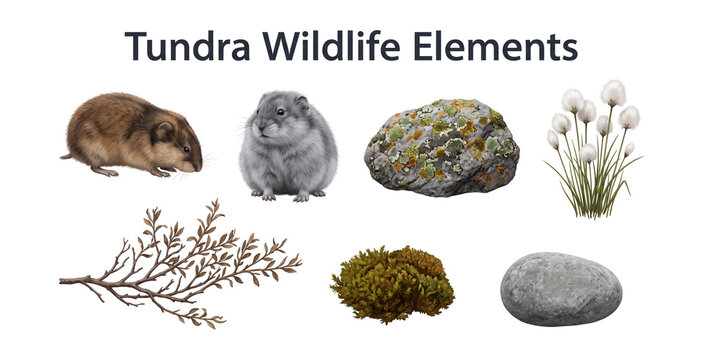 Tundra wildlife elements collection set featuring realistic arctic lemming fur textures moss lichen and dwarf willow twigs isolated on transparent