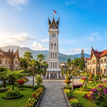 Majestic Jam Gadang Clock Tower in Bukittinggi West Sumatra Indonesia with traditional Minangkabau architecture and lush gardens