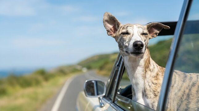 A cute whippet dog with its head out of a car window enjoying the ride and wind cute whippet dog canine puppy breed sighthound sleek slender elegant head out car window vehicle automobile ride