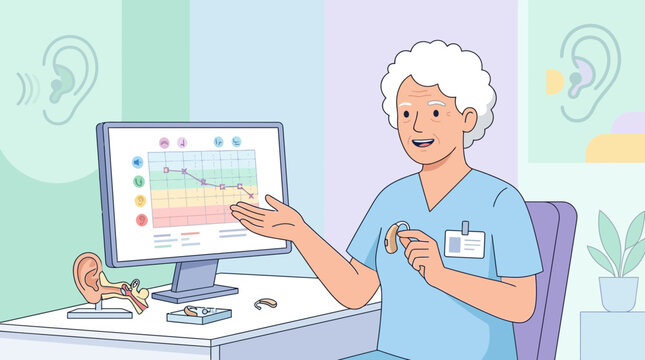 Audiologist explaining hearing test results with hearing aids on desk