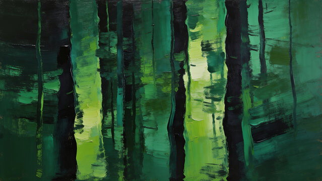 Deep emerald green and forest green oil paints applied in thick, vertical vertical strokes, blending into near-black edges. Atmospheric and rich