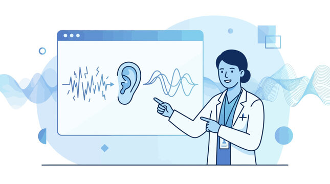 Audiologist presenting hearing test results with ear and waveforms