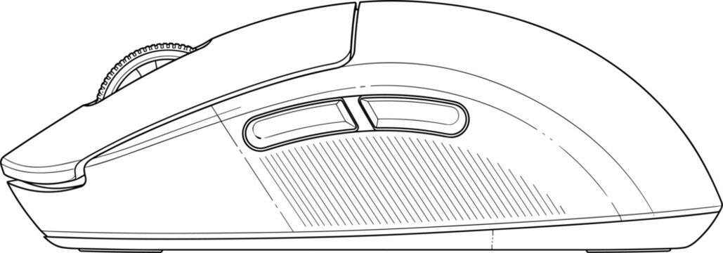 Ergonomic wireless gaming mouse side view illustration featuring textured thumb grip scroll wheel and programmable buttons vector