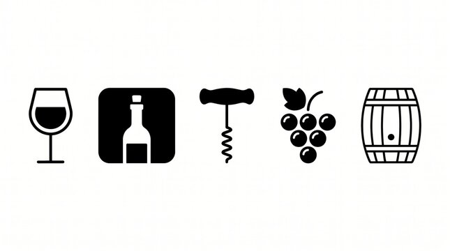 Wine tasting icons collection featuring glass bottle corkscrew grapes and barrel, corkscrew