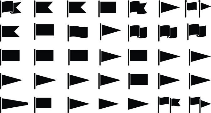 Set of black silhouette flag and pennant icons for map marker and graphic design