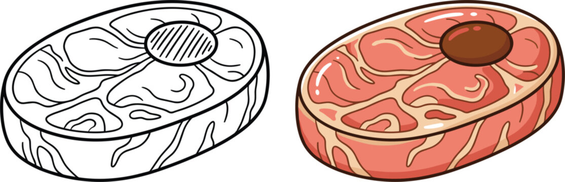 Fresh raw ham steak slice featuring cross section marrow bone in both colored and line art variations vector