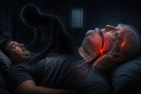 Sleep paralysis concept with sleeping man and neurological visualization