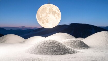 Fototapeta premium Full moon glowing over soft white dunes at blue twilight