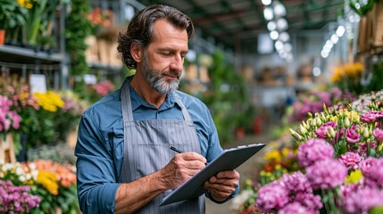 Fototapeta premium Professional florist uses tablet to manage inventory in vibrant greenhouse.