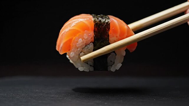 Close up view of sushi with salmon being lifted with chopsticks against a dark background