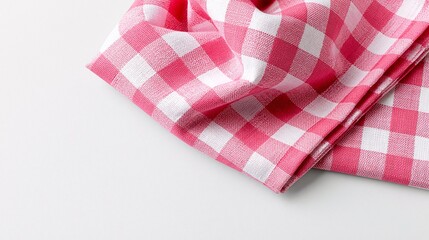 Fototapeta premium Folded pink and white checkered dish towel on plain white background. Soft textile with woven grid pattern