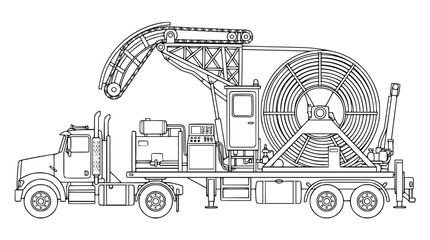 Obraz premium Coiled Tubing Truck Oilfield Service Vehicle Line Art Illustration