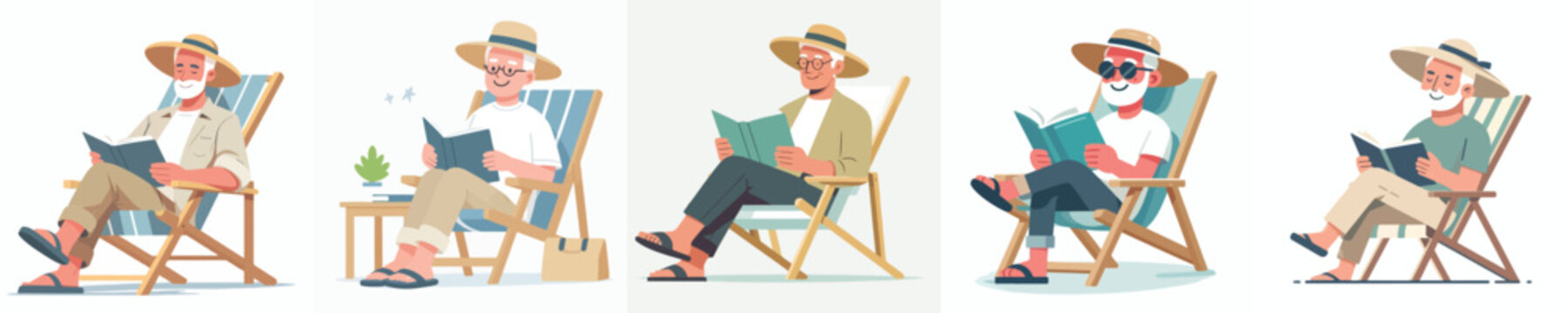 Flat vector illustration of an elderly man sitting on a beach chair reading a book in the summer