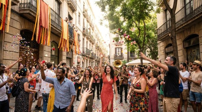 Celebratory street scene with diverse group dancing and music in urban city neighborhood