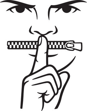 shushing finger zipped lips out line vector.