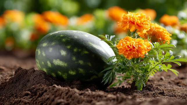 Small unripe watermelon growing in garden soil next to orange marigold flowers