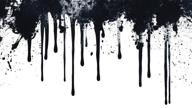 Black ink splatter dripping down on transparent background with spots and smudges