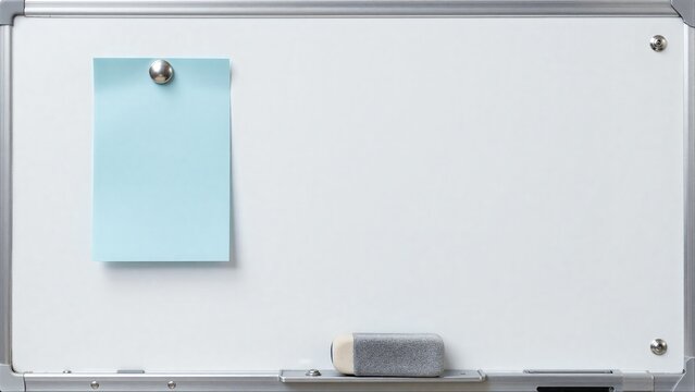 Whiteboard with blue sticky note and eraser, minimalist office setup.