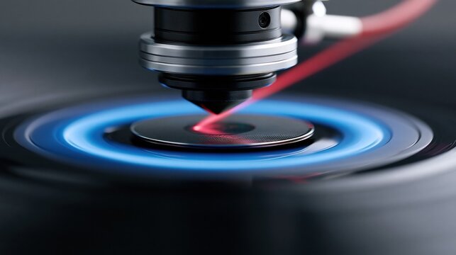 Close-up of a precision laser cutting tool precisely engraving a circular disc with glowing blue energy