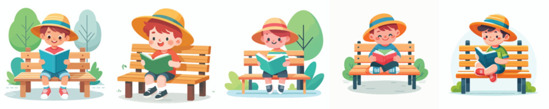 A flat vector illustration of a little boy sitting on a park bench reading a book in the summer
